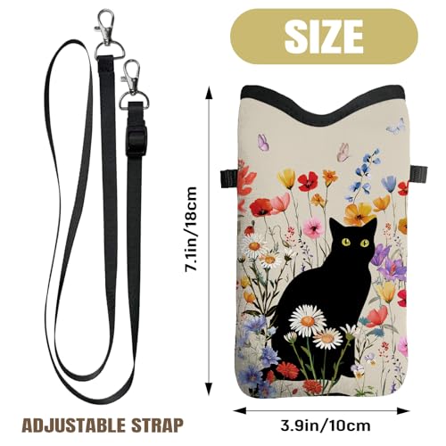 Cell Phone Sleeve Pouch with Adjustable Strap - Cat with Floral - color: Black Cat With Flowers