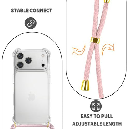 Crossbody Case for iPhone 17 Pro Adjustable Lanyard Strap for Women Soft TPU Bumper Case Cover Transparent Slim Shockproof Protective Phone Case for iPhone 17 Pro - Rose Gold - size: for iPhone 17 Pro
