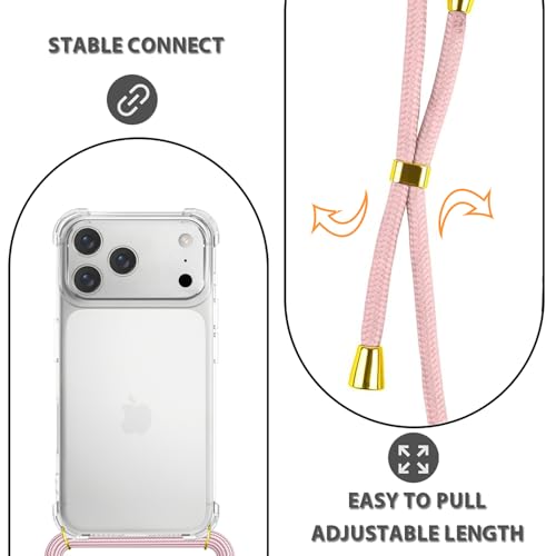 Crossbody Case for iPhone 17 Pro Max Adjustable Lanyard Strap for Women Soft TPU Bumper Case Cover Transparent Slim Shockproof Protective Phone Case for iPhone 17 Pro Max - Rose Gold - size: for iPhone 17 Pro Max