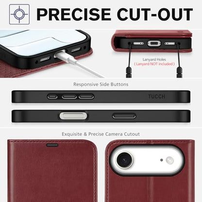 TUCCH Case Wallet for iPhone Air (6.5") 2025, RFID Blocking Folio, Dark Red | 4 Card Holders, Kickstand, PU Leather, Magnetic Closure, Shockproof TPU Shell, Protective Flip Cover - color: Dark Red