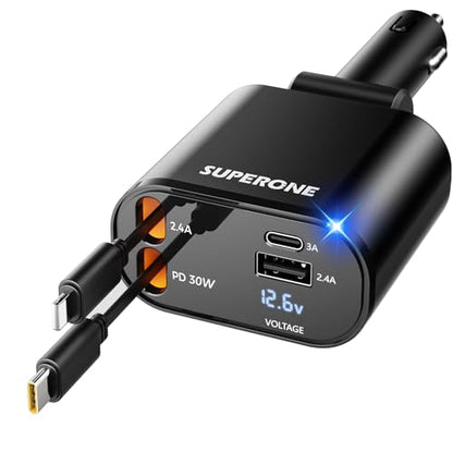 [Upgraded] SUPERONE Retractable Car Charger 4 in 1 Fast Phone Charger - color: Black