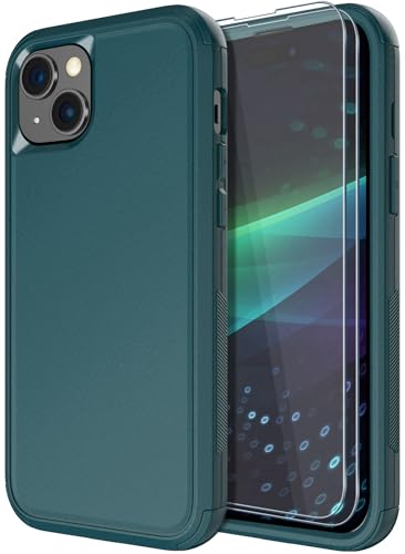 Diverbox for iPhone 15 Pro Case [Shockproof] [Dropproof] [Tempered Glass Screen Protector ],Heavy Duty Protection Phone Case Cover for Apple iPhone 15 Pro 6.1 inch (Dark Green) - color: Dark Green