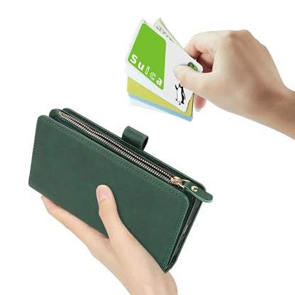 Wallet Case Compatible with iPhone 17 with Wrist Strap,2025 Release Purse for Women Men,[9 Card Slots] Card Holder Zipper Cash Pocket Magnetic Leather Cover,6.3 inch Dark Green - color: Dark Green, size: iPhone 17