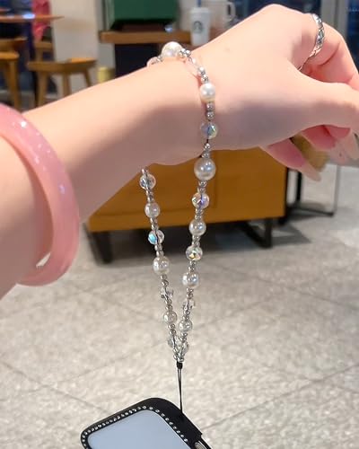 Crystal & Pearl Phone Charm Wrist Strap, Beaded Lanyard Wristlet Chain, Hands-Free Bracelet Strap for Phone Cases - color: Crystal+pearl