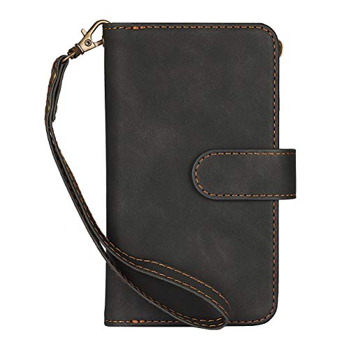 iCoverCase for iPhone 12 Mini Wallet Case with Card Holder and Wrist Strap, PU Leather Kickstand Card Slots Zipper Pocket Magnetic [Detachable] Flip Cover Case 5.4 Inch (Black) - color: Black