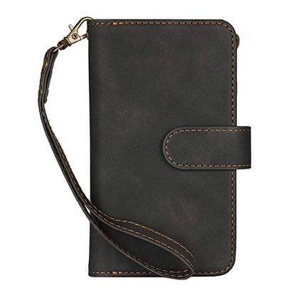 iCoverCase for iPhone 12 Mini Wallet Case with Card Holder and Wrist Strap, PU Leather Kickstand Card Slots Zipper Pocket Magnetic [Detachable] Flip Cover Case 5.4 Inch (Black) - color: Black