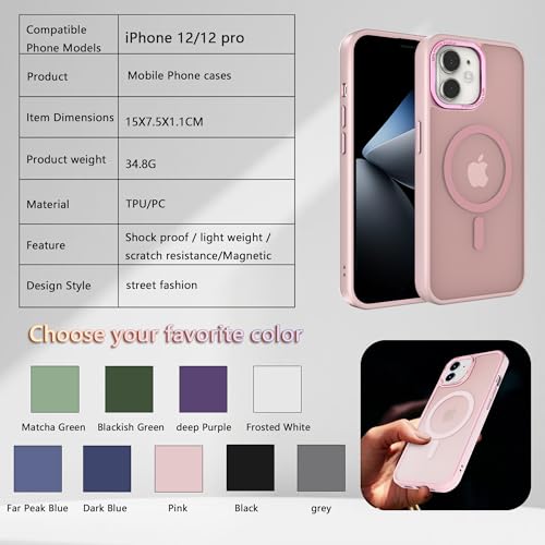 Magnetic iPhone 12/12Pro case,Compatible with Magsafe, Military-Grade Protection,Slim Translucent Matte Shockproof with Anti-Scratch Anti-Fingerprint Phone Cover (Pink, iPhone 12/12Pro) - color: Pink, size: iPhone 12/12Pro
