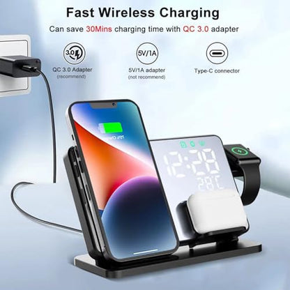 All-in-one Wireless Charger,Clock,Alarm,Calendar,Temperature Display,15W Fast Charging.Wirelessly Charge Phone,Watch,Earbuds simultaneously,Compatible with Qi-Enabled Devices,W669 Black. - color: Multi Functional Alarm Clock W669 Black