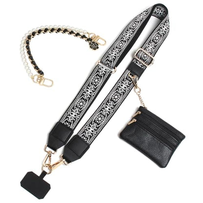 Phone Strap with Zippered Pouch, Clip and Go Strap for Phone with Wallet Crossbody, Adjustable Crossbody Phone Strap-1 - color: Jacquard Black