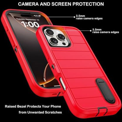 for iPhone 16 Pro Case with Screen Protector,Built-in Invisible Kickstand,Heavy Duty Shockproof Drop Protection Military Grade Tri-Layer Rugged Durable Cell Phone Cover for Apple 16 Pro 6.3"(Red) - color: Red