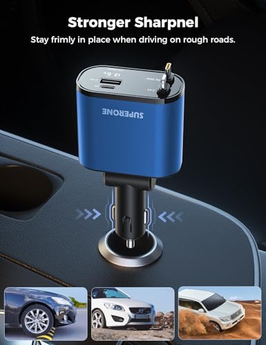 [Upgraded] SUPERONE Retractable Car Charger 4 in 1 Fast Phone Charger - color: Blue
