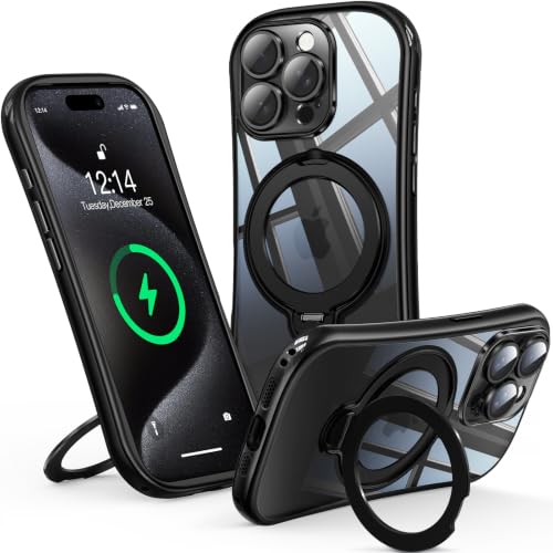 Reukdnv 360° Spin Magnetic Stand for iPhone 15 Pro Max Case [Full Camera Protection] [Fit for MagSafe] [Anti-Yellowing] Shockproof Protective Kickstand Plating TPU Cover for 15 Pro Max 6.7", Black - color: Black, size: iPhone 15 Pro Max