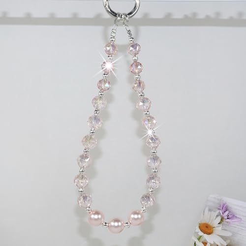 Sparkle Crystal Pearl Phone Wrist Strap for Women, Sparkling Beaded Cellphone Lanyard Chain - color: Pink