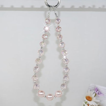Sparkle Crystal Pearl Phone Wrist Strap for Women, Sparkling Beaded Cellphone Lanyard Chain - color: Pink