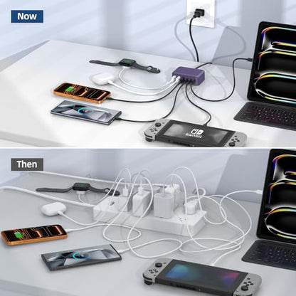 100W 6 in 1 USB Charger, 50% Smaller Charging Station for Multiple Devices - color: E-Purple