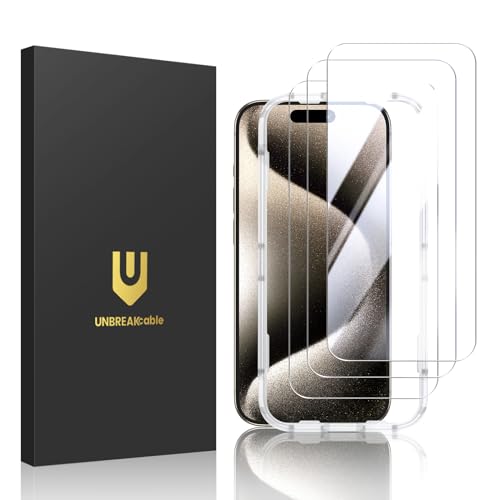 UNBREAKcable 3-Pack Screen Protector for iPhone 15 Pro Tempered Glass | Shatterproof, Easy Install, 9H Hardness, 99.99% HD Clear, Bubble-Free, Anti-Fingerprint, Scratch Resistant, Case Friendly - size: iPhone 15 Pro