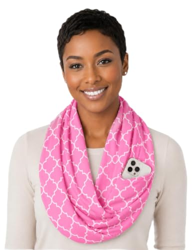 Pop Fashion Quatrefoil Pattern Infinity Scarf for Women - Travel Scarf with Hidden Pocket - All Seasons - color: Hot Pink, size: 24.5 x 9.5