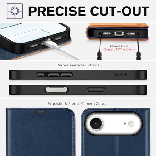 TUCCH Case Wallet for iPhone Air (6.5"), RFID Blocking Folio, Blue & Brown | 4 Card Holders, Kickstand, PU Leather, Magnetic Closure, Shockproof TPU Shell, Protective Flip Cover - color: Two-tone Blue & Brown