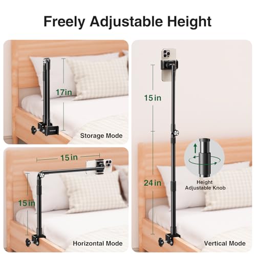 elitehood Aluminum Arm Phone Holder for Bed [360° Swivel Tilt Rotation], Adjustable Bedside Phone Holder Laying Down, iPhone Stand for Bed Desk Overhead, iPhone Clamp Mount Fit All 4-7’’ Cellphone
