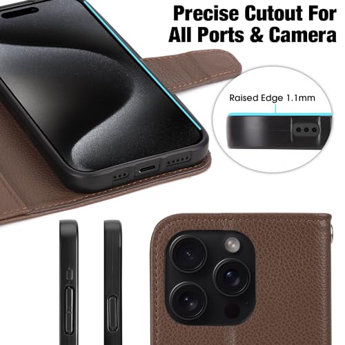 Arae Compatible with iPhone 15 Pro Case with Card Holder and Wrist Strap Wallet Flip Cover for iPhone 15 Pro 6.1 inch Men RFID Blocking Wristlet Kickstand,Litchi Brown - color: Litchi Brown, size: iPhone 15 Pro 6.1 inch