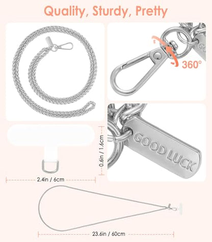 MoKo Universal Phone Lanyard, Metal Cell Phone Chain Crossbody Strap Anti-Theft Detachable Women Cellphone Lanyards Around The Neck with Patches for iPhone, Most Smartphones, Pale Silver - color: Pale Silver