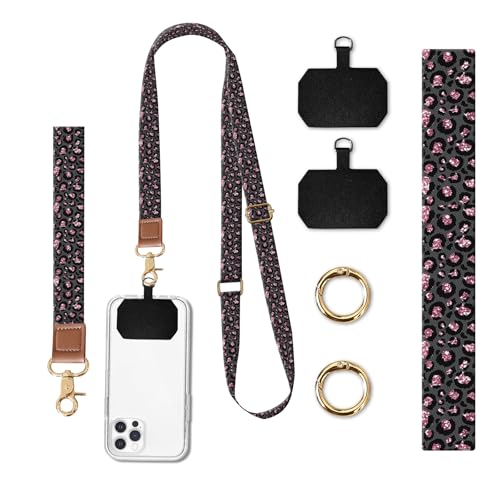Phone Lanyard Crossbody Wrist Strap, Universal Adjustable Neck Strap for Phone Case Keys ID Badges - color: Black Glitter Leopard