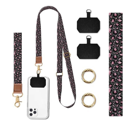 Phone Lanyard Crossbody Wrist Strap, Universal Adjustable Neck Strap for Phone Case Keys ID Badges - color: Black Glitter Leopard