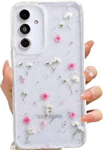 LSEEKA for Samsung Galaxy A54 Clear Case with Pressed Real Dried Pink Flower Design,Transparent Glitter Cute Floral Slim Soft TPU Protective Phone Cover for Samsung Galaxy A54 - color: Pink, size: for Samsung Galaxy A54