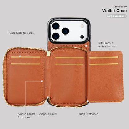 Bocasal Crossbody Wallet Case Card Holder for iPhone 17 Pro Max Brown | RFID Blocking PU Leather Zipper Handbag Purse, Kickstand Flip Folio Case with Card Slots Holder Wrist Strap Lanyard 6.9 Inch - color: Brown