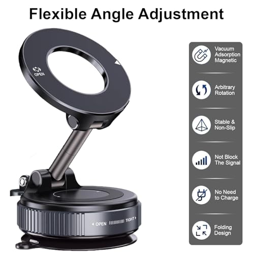 Vacuum Magnetic Car Phone Holder for MagSafe – 360° Adjustable Suction Cup Mount for Car, Gym & Mirror | Hands-Free Use | Compatible with iPhone & Android (Black)