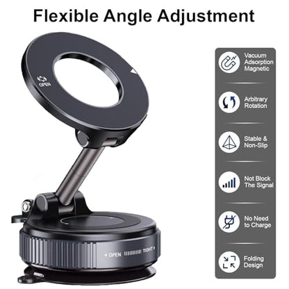 Vacuum Magnetic Car Phone Holder for MagSafe – 360° Adjustable Suction Cup Mount for Car, Gym & Mirror | Hands-Free Use | Compatible with iPhone & Android (Black)