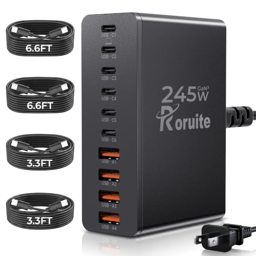 USB C Charging Station 10 Port with 4 Cables,245W GaN Charger Block - color: Black