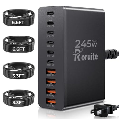 USB C Charging Station 10 Port with 4 Cables,245W GaN Charger Block - color: Black