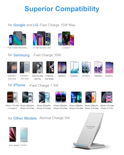 Fast Wireless Charger, NANAMI Wireless Charging Stand Compatible iPhone 18 Pro/18 Pro Max/17/17 Air/17 Pro/16/15/14, Desktop Charger Dock Phone Charging Stand for Samsung Galaxy S26/S25/S24/S23 - color: Elegant Silver