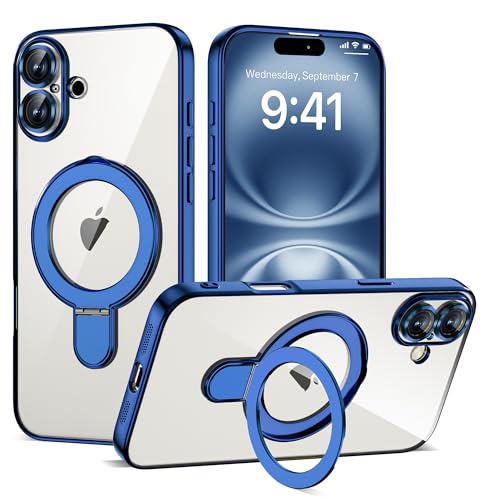 Plating Clear Phone Case for iPhone 16 Plus with Stand 6.7", Blue - color: Blue, size: Iphone 16 Plus