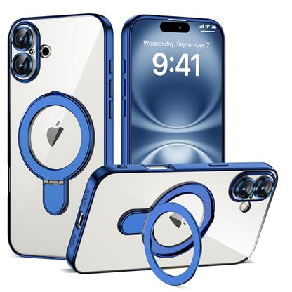 Plating Clear Phone Case for iPhone 16 Plus with Stand 6.7", Blue - color: Blue, size: Iphone 16 Plus