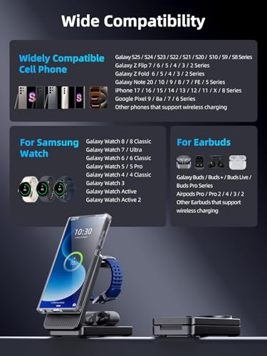 3 in 1 Magnetic Wireless Charger for Samsung, Foldable Android Charging Station for Galaxy S26/S25 Ultra /S24/Z Fold 7/Flip 7, Magnetic Watch Charger Stand for Galaxy Watch Ultra 8/7/Buds 3 for Travel