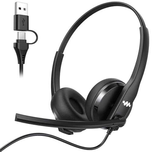 Necode USB Headset with Microphone for PC，Wired Computer Laptop Headset with Noise Cancelling Microphone, Work Headphones with Mic for Home Office Teams Zoom (USB-A&C)-Black