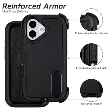 for Protective Phone Case iPhone 17 Case with Clip Holster Kickstand Black | Heavy Duty Rugged Protective Phone Case, Dual Layer Shockproof Cover - color: Black