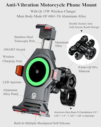 BRCOVAN Aluminum Alloy Motorcycle Phone Mount with Qi 15W Wireless Charger - color: BLACK