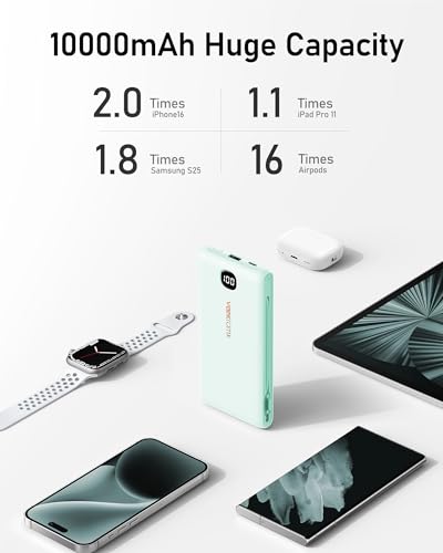 VEEKTOMX 10000mAh Portable Charger with Built-in Cables & Wall Plug - color: Cyan