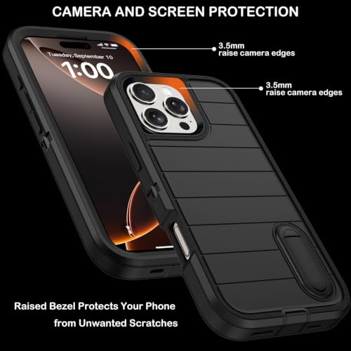 for iPhone 16 Pro Case with Screen Protector,Built-in Invisible Kickstand,Heavy Duty Shockproof Drop Protection Military Grade Tri-Layer Rugged Durable Cell Phone Cover for Apple 16 Pro 6.3" (Black - color: Black