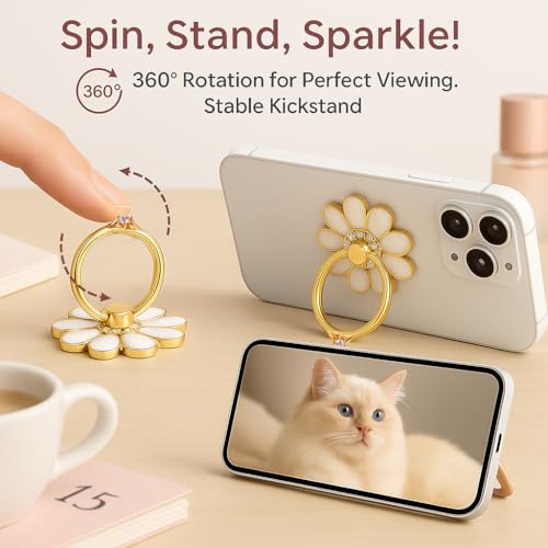 NXVX Daisy Flower Phone Ring Holder, White Bling Finger Grip & Kickstand - color: White