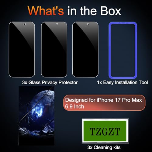 TZGZT Privacy Screen Protectors for iPhone 17 Pro Max, Tempered Glass, HD - color: iPhone 17 Pro Max-3Pack-Black