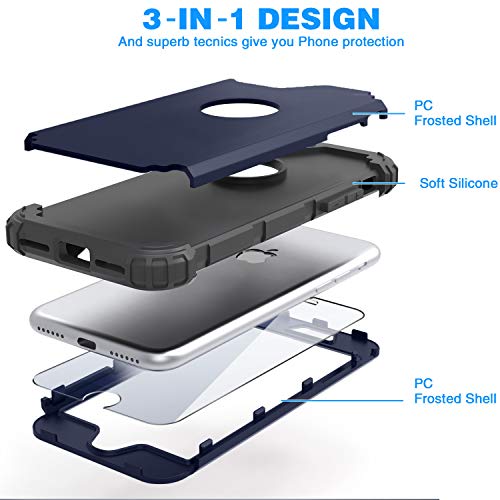 IDweel for iPhone 8 Case with Tempered Glass Screen Protector, for iPhone 7 Case, 3 in 1 Shockproof Slim Hybrid Heavy Duty Hard PC Cover Soft Silicone Bumper Full Body Case, Blue - color: Blue
