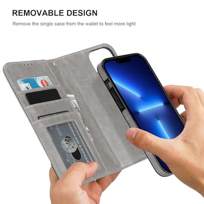 Bocasal Detachable Wallet Case Card Holder for iPhone 13 Pro Max Grey | RFID Blocking Kickstand Card Slots Holder PU Leather Magnetic Shockproof Wrist Strap Removable Flip Protective Cover 6.7 inch - color: Gray