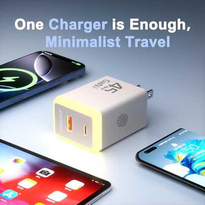 45W USB C Charger Block,USB C Travel Wall Charger with Night Light(Touch Switch),GaN 2 Port Fast Charging for iPhone 17/17 Pro/17 Pro Max/16/15/14/13/12,iPad,Samsung Galaxy S25 S24 S23