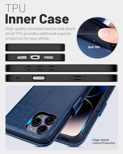 OCASE Compatible with iPhone 16 Pro Wallet Case, PU Leather Flip Folio Case with Card Holders RFID Blocking Kickstand [Shockproof TPU Inner Shell] Phone Cover 6.3 Inch 2024, Blue | Magnetic Flip Folio Cover with RFID Blocking, Card Holders, Shockproof TPU