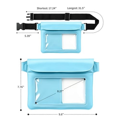 Waterproof Pouch Bag Set IPX8 2 Pcs: Blue Water Proof Fanny Pack 9.8" with Clear Window & Black Waterproof Phone Case 7" Phone Pouch, Floating Belt Bag with Crossbody Waist Strap, Cruise Essentials - color: Blue fanny pack + Phone pouch 7"