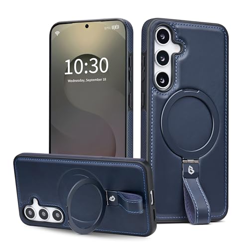 for Samsung Galaxy S25 Plus & S24 Plus Case Leather with Stand, Navy | Finger Loop, Relieve Smartphone Pinky Strain, Kickstand, Fit for Magsafe, Slim Fit, Anti-Slip, Texture Grip, Shockproof - color: Navy, size: S25 Plus/S24 Plus